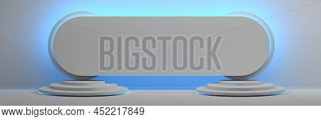 Wide Banner With Long Rounded Message Board On Two Pedestals In White Colors With Blue Glow. 3d Rend