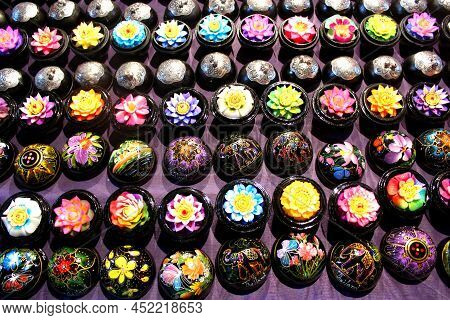 Decorative Soaps In Round Boxes For Sale. Top View Of Decorative Soaps In Boxes. Scented Soaps In Wo