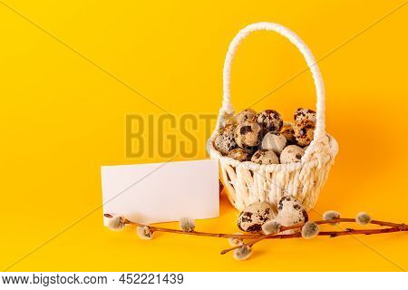 Visiting Card, White Straw Basket Full Of Quail Eggs, Pussy Willow Branch On Yellow Paper Background