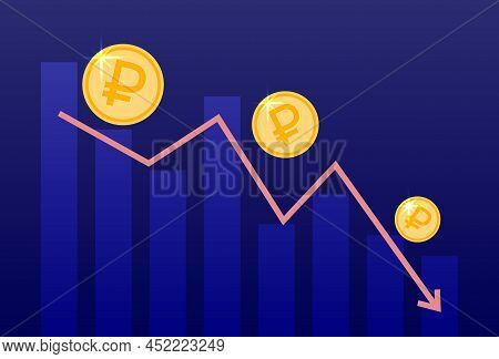 Russian Ruble Currency Drop Chart. Rouble Coins Falls. Ruble Graph Decreases. Arrow Down And Diagram