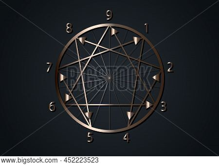 The Nine Enneagram Icon, Sacred Geometry, Metallic Silver Vector Illustration Isolated On Black Back