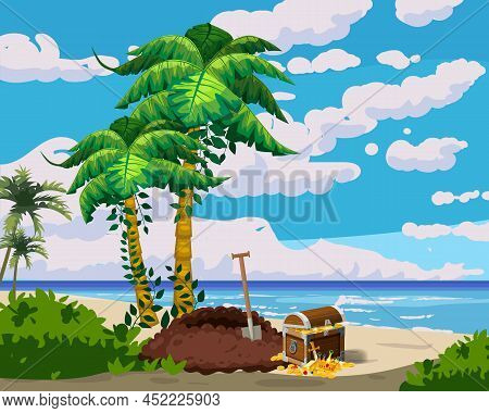 Treasure Dug On The Beach, Tropical Island, Ancient Pirate Treasure Chest, Scull, Exotic Plants, Pal