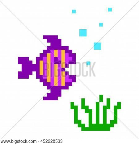 Pixel Fish In Seaweed. Game Location. Underwater Life. Vector Illustration. Stock Image.