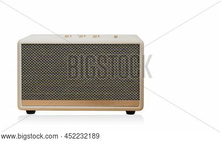 Front View White And Gold Loudspeaker On White Background, Technology, Object, Fashion, Decor, Copy 