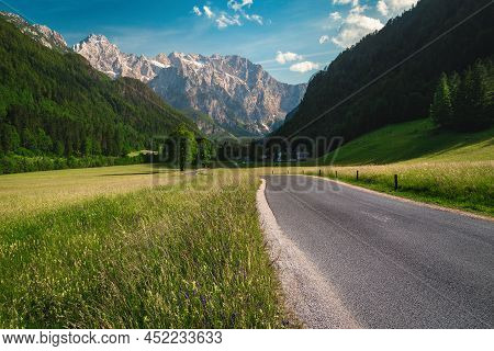 Beautiful Summer Alpine Scenery, Flowery Meadows And Snowy Mountains, Logar Valley (logarska Dolina)