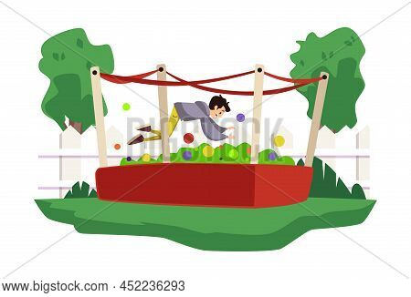 Child Or Teenger Jumping In Ball Pit Or Trampoline, Flat Vector Illustration Isolated On White Backg