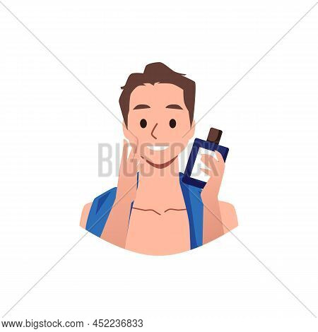 Well-groomed Man With Bottle Of Lotion Or Cream Vector Illustration Isolated.