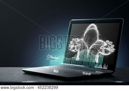 Dark Web, Shadow Crime, Internet Crime Concept, Hidden Internet. Hologram Of Digital Hacker In Compu