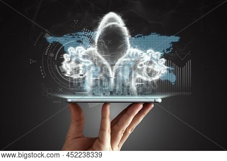 Dark Web, Shadow Crime, Internet Crime Concept, Hidden Internet. Hologram Of Digital Hacker In Compu