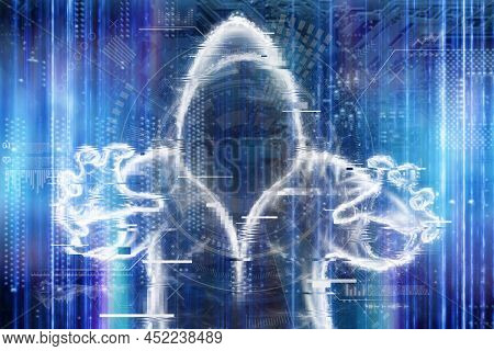 Dark Web, Shadow Crime, Internet Crime Concept, Hidden Internet. Hologram Of Digital Hacker In Compu