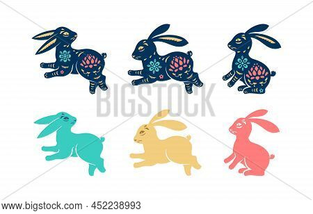 Colorful Easter Rabbits With Patterns And Prints, Isolated Bunnies. Vector Flat Cartoon, Celebration