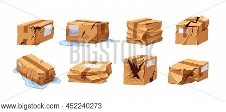 Damaged Broken Cardboard Boxes, Delivery Packages Set. Wet, Crumpled, Crinkled, Spoiled Carton Parce