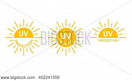 Yellow Sun With Inscription Uv Protection Icon, Sunblock From Sunshine And Solar Burn. Circle Full S