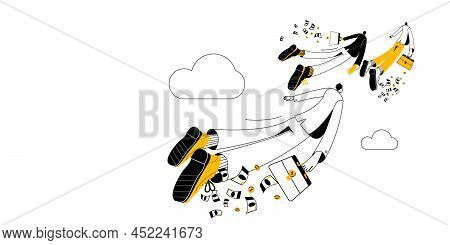 Businessmen With Briefcases In A Business Suit Fly Away Into The Distance Like Migratory Birds. Vect