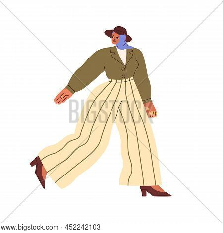 Modern Muslim Arab Woman Walking, Wearing Hat Over Hijab. Female Going In Fashion Outfit, Pants, Hee