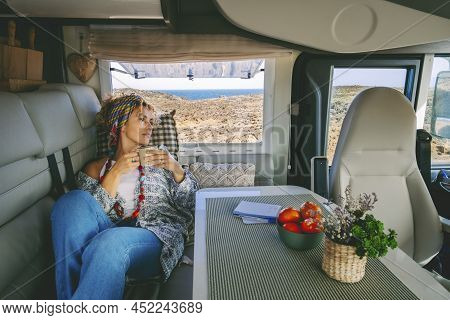 Cute Trendy Adult Woman Have Relax Leisure Activity Laying On The Sofa Inside Her Cozy Alternative H