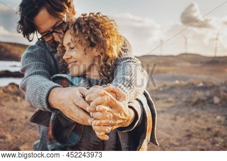 Romance And Love People In Outdoors. Man And Woman With Hands Together Enjoy Relationship And Leisur