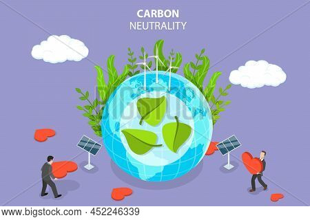3d Isometric Flat Vector Conceptual Illustration Of Carbon Neutrality, Green Energy, Reducing Co2 Po