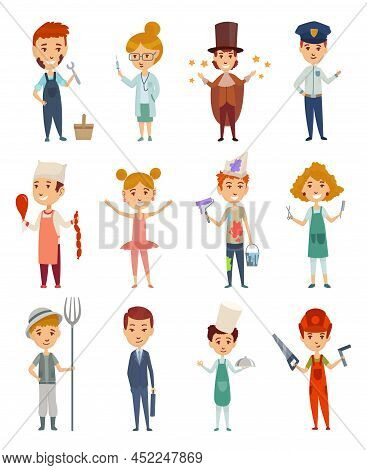 Kid Professions Set. Cartoon Young Persons In Professional Uniform. Cute Children Occupations Vector
