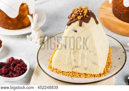 Traditional Cottage Cheese Easter Paskha And Eggs On White Table. Russian Paskha. Easter Dessert. Ea