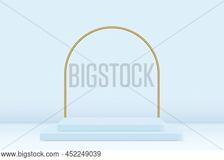 Modern Light Blue Podiums With Pastel Empty Room And Gold Arch. The Concept Of A Studio Room With A 