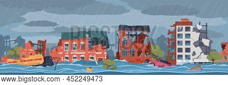Damaged City Landscape. Global Flooding, Cityscape Damaged House Facades, Natural Cataclysm, Water D