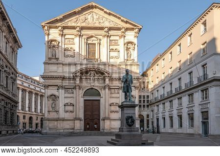 Milan,italy - March 22,2022 - View At The San Fedele Church In The Streets Of Milan. Milan Is A City