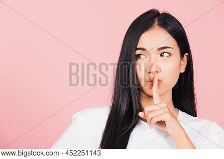 Asian Happy Portrait Beautiful Cute Young Woman Smile Stand Making Finger On Lips Mouth Silent Quiet