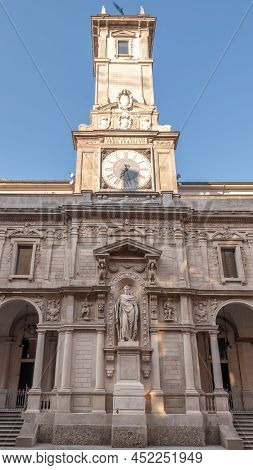 View At The Clock Tower Of Giureconsulti Palace In The Streets Of Milan In Italy