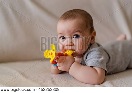 Small Caucasian Baby Four Or Five Months Old Having Teeth Issues Growing Teething Pain While Holding