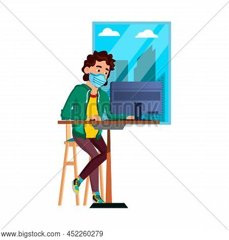 Business Man Wearing Facial Mask In Office Vector. Young Company Worker Wearing Protective Face Mask