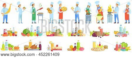 People Preparing Dish, Meal. Chefs Work With Kitchen Equipment To Prepare Food. Male Characters Fry 