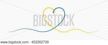 Blue Yellow One Line Drawing Heart In Ukraine Flag Colors. Continuous One Line Drawing Of Heart Ribb