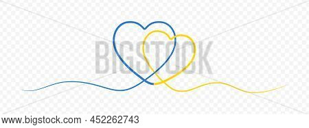 Blue Yellow One Line Drawing Two Hearts In Ukraine Flag Colors. Continuous One Line Drawing Of Heart