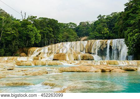 Beautiful Agua Azul Waterfall Cascade In Chiapas, Mexico.