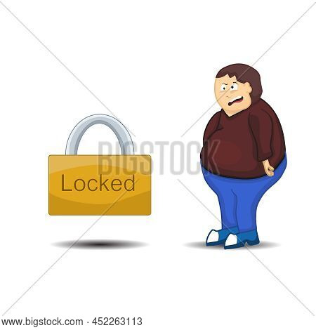 Cartoon Illustration Locked, A Big Man Looking At A Locked Padlock