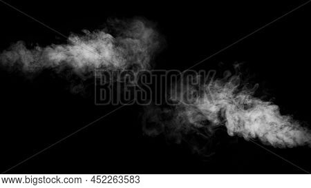 Set Of Two Swirling, Squirming Smoke, Vapor, Isolated On A Black Background For Overlaying On Your P