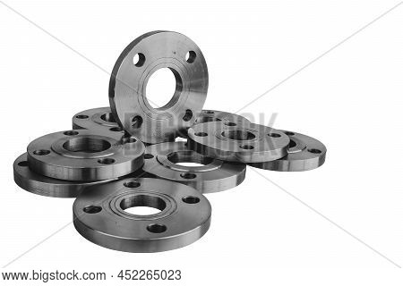 Steel Flange Set Of Industrial Work Equipment On A White Background