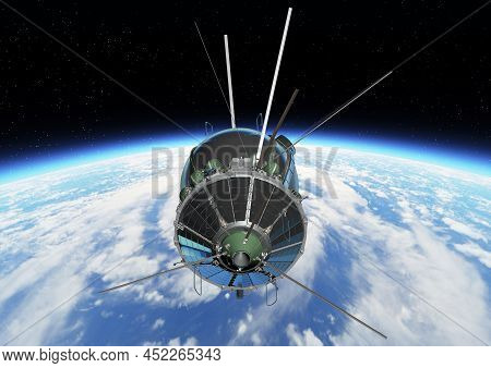 Spaceship Vostok1 At The Earth Orbit. 3d Rendering Background. 3d Illustration