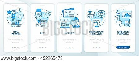 Information War Over Internet Blue Onboarding Mobile App Screen. Walkthrough 5 Steps Graphic Instruc