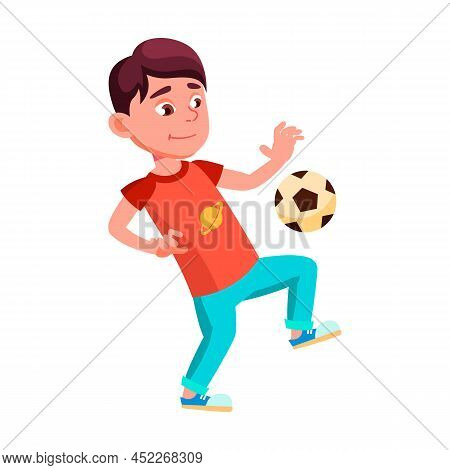School Boy Kid Playing Soccer Sport Game Vector. Smiling Caucasian Schoolboy Kicking Ball On Leg And