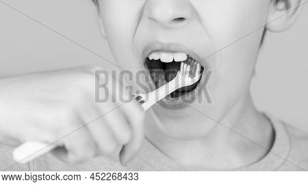 Little Boy Cleaning Teeth With Kids Toothbrush. Dental Hygiene. Little Man Brushing Teeth. Happy Chi