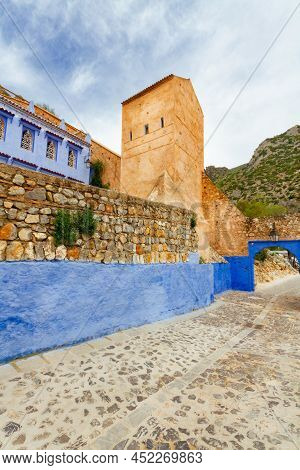 Chefchaouen, Blue City. View On Medieval Stone City Walls And The Gate Tower. Chefchaouen, (chaouen)