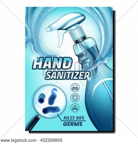 Hand Sanitizer Spray Creative Promo Poster Vector. Hand Sanitizer Blank Sprayer Bottle And Germs Wit
