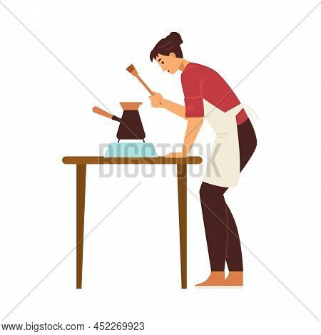 Coffee Barista Brewing Drink In Gezve Flat Vector Illustration Isolated.