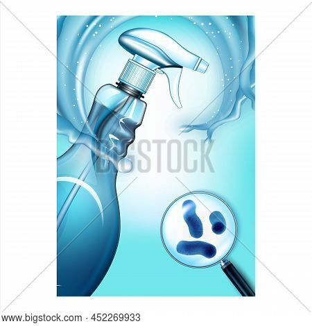 Hand Sanitizer Spray Creative Promo Poster Vector. Hand Sanitizer Blank Sprayer Bottle And Germs Wit