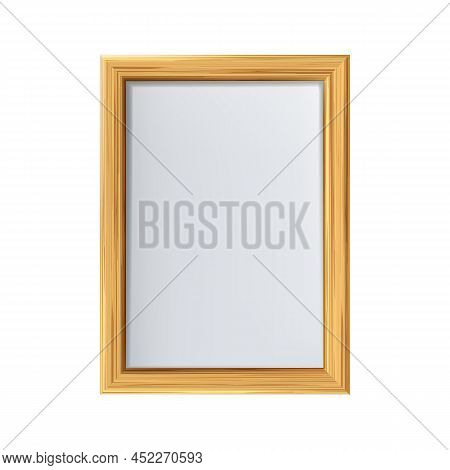 Poster Blank Wooden Frame Hanging On Wall Vector. Poster Page Sheet With Wood Plank Border Framework