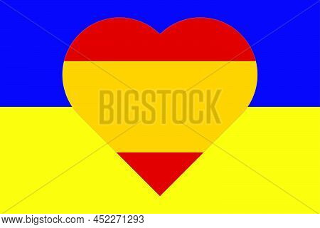Heart Painted In The Colors Of The Flag Of Spain On The Flag Of Ukraine. Vector Illustration Of A He