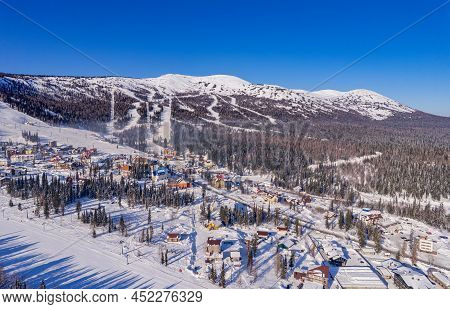 Aerial Top View Landscape Sheregesh Ski Lift Resort Winter, Mountain And Hotels, Russia Kemerovo Reg