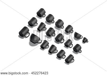 Blank Black Ceramic Mug Mockup Lying, Different Types, 3d Rendering. Empty Ceramics Kitchen Utensil 